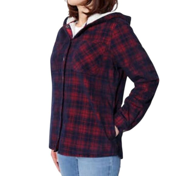 Soho Threads Corduroy Jacket Sherpa Fleece Hooded Plaid Blue Red M bv - Picture 2 of 15
